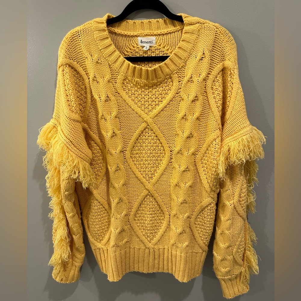 &Merci Fringe Sleeve Cable Knit Sweater Size L Mustard Yellow